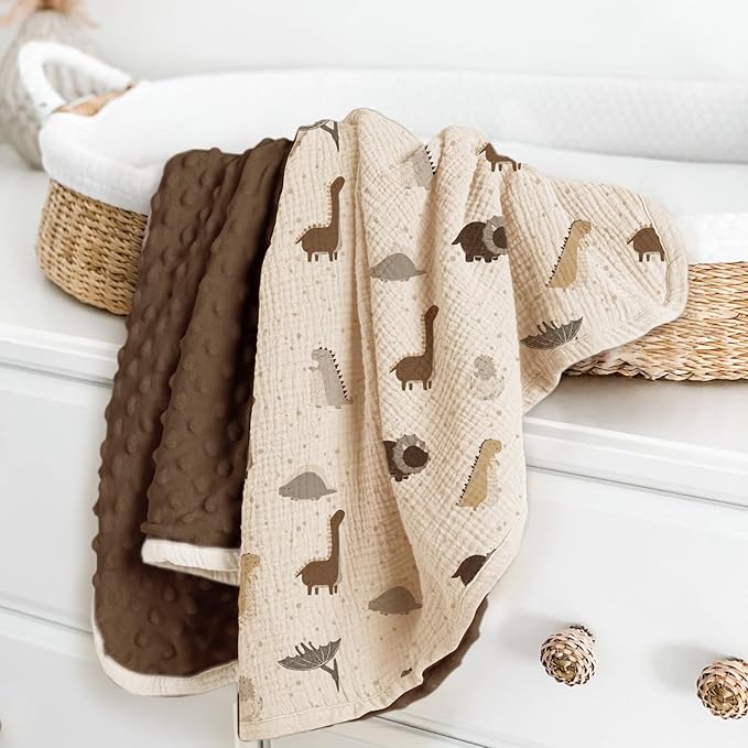 lulumoon Baby Blankets for Boys Newborn: Reversible Muslin & Minky Dinosaur Print - Thermal Receiving Blanket for Stroller & Registry Gift 30"x40"(Dinosaur)