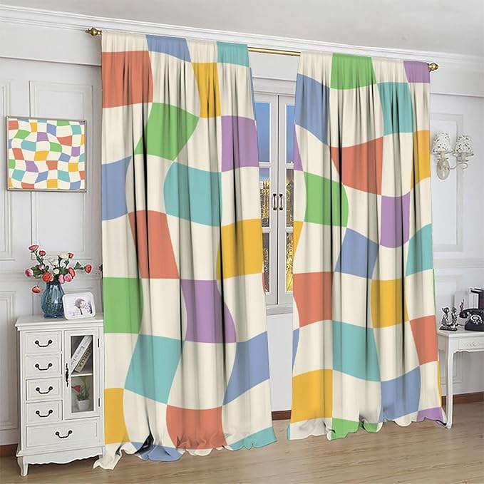 Checkered Curtains,70s Vintage Twisted Checkered Window Drapes Colorful Groovy Trendy Wavy Hippie Grid Print Window Treatments for Kids Girls Bedroom Living Room Bathroom 72" W X 63" L