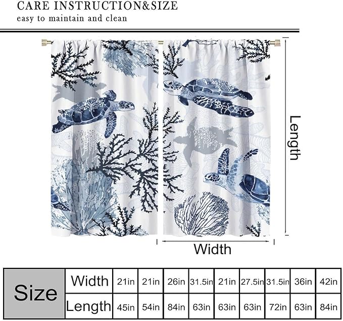 Coastal Nautical Curtains, Turtle Beach Sea Seashell Theme Pattern Blackout Print Home Bedroom Living Room Window Treatmen 2 Panel Set 42x45 Inch
