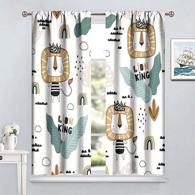 Cartoon Little Lion King Window Curtains for Baby Child,Cute Funny Forest Animals,Tropical Jungle Leaves Wildlife Boho Rainbow Print Blackout Drapes for Nursery Boys Girls Kids Bedroom 84x84in