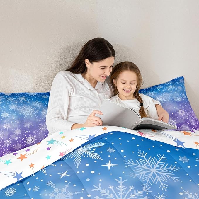 Feelyou Christmas Bedding Set Soft for Boys Girls, Winter Snowflake Comforter Set Full Size Purple Blue Gradient Duvet Quilt Microfiber Bedroom Decor 3 Pcs with 2 Pillow Cases