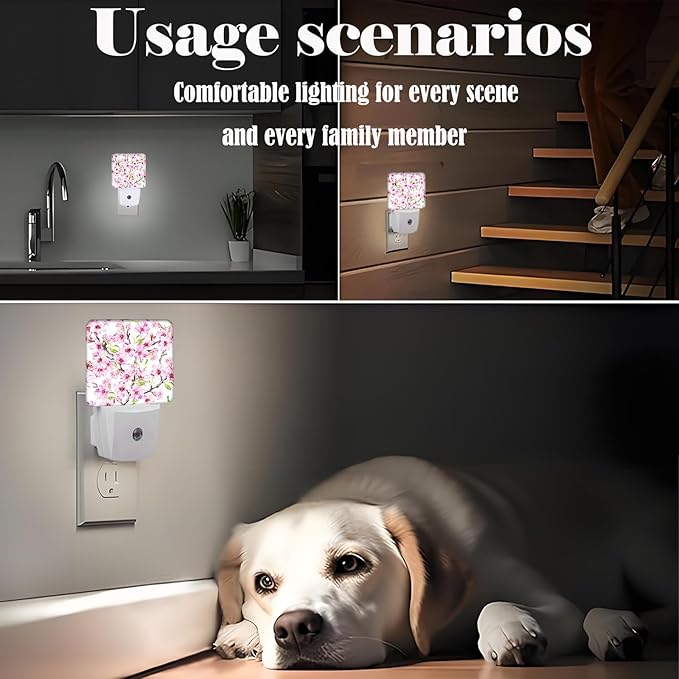 Spring Flowers Blossom Night Light,Plug Into Wall for Boys Girls Bedroom Decorative Square Night Light Lamp 0.5w Sleep Friendly
