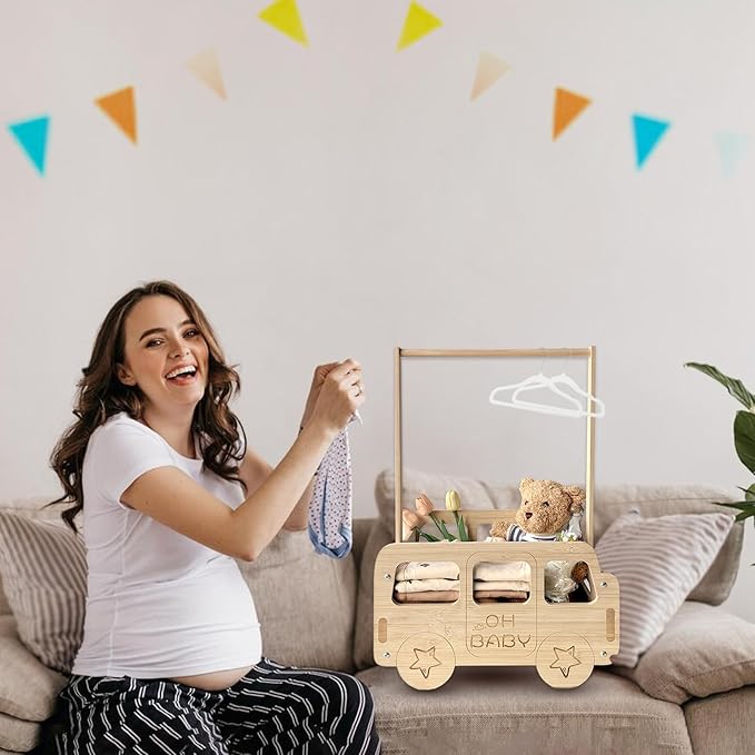 fun-plus Baby Shower Crate Closet, Bus Shape Baby Shower Basket with Handle Baby Storage Crate, Wooden Crate for Pregnancy New Parent (Bamboo made)