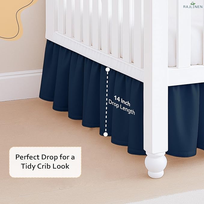 Rajlinen Ruffled Crib Bed Skirt, Microfiber, Dust Ruffle with Split Corners, 14" Drop, Nursery Toddler Bedding for Baby Boys or Girls, Navy Blue