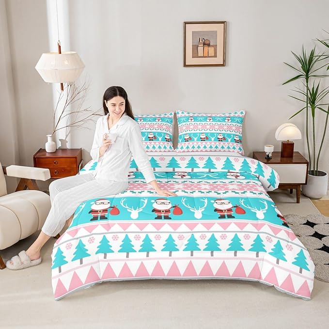 Feelyou Merry Christmas Tree Bedding Set Soft for Boys Girls, Cute Snowman Comforter Set Twin Size Santa Claus Duvet Quilt Microfiber Cartoon Bowknot Bedroom Decor 2 Pcs with 1 Pillow Cases