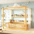 Bellemave Toddlers Full Size Canopy Bed with Fence and Door, Floor Bed with Storage Shelves and 4 Poster Design,Wood Montessori Bed Frame for Kids, Boys,Girls,Space Saving,Easy Assemble（Full,Natural）