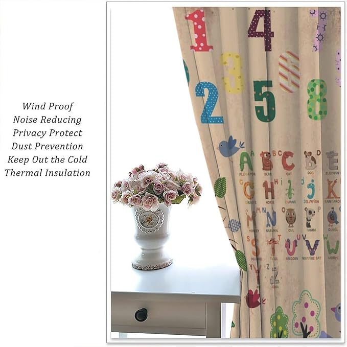 Animal Alphabet Numbers Tree Curtain Learning ABC Letters Birds Numbers Home Printed Rod Pocket Window Treatments for Bedroom Living Room Playroom Nursery 84" W X 84" L