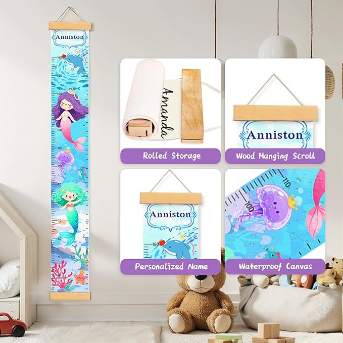 Personalized Name Height Chart for Kids, Kids Growth Chart for Wall, 59" X 7.9" Canvas Removable Height Chart Measuring Ruler for Kids & Baby(Painted Ocean）