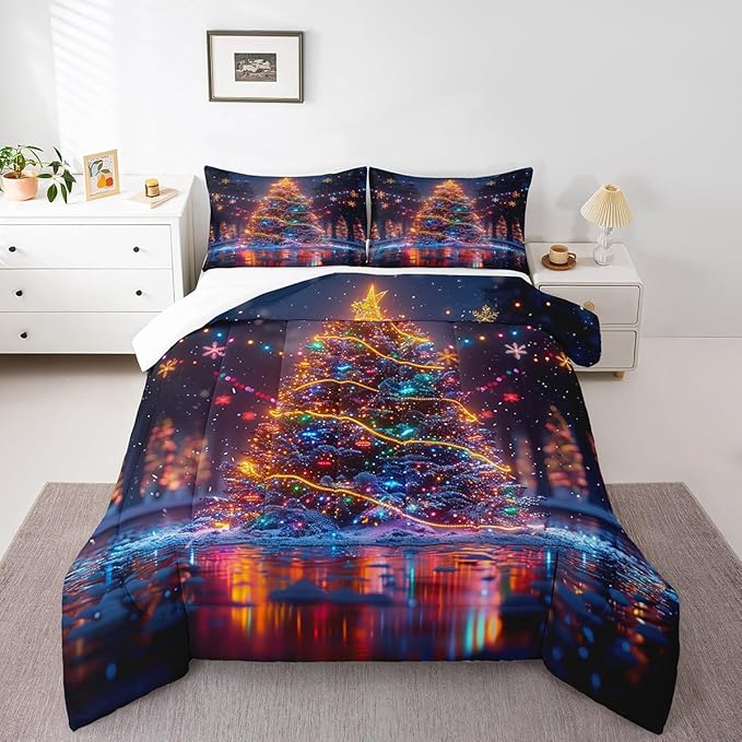 3D Christmas Tree Comforter Set Twin Size,Snowflake Glitter Polka Dot Bedding Set for Kids Boys Girls Room Decor,Merry Christmas Quilt Set 2Pcs,Xmas Neon Style Fashion Duvet Insert,1 Pillowcase