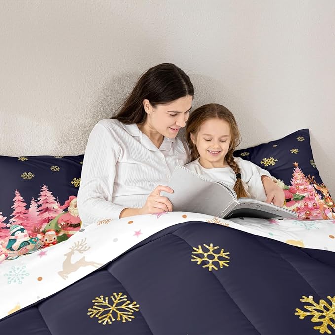 jejeloiu Merry Christmas Comforter Set Full Size Santa Claus Bedding Set for Kids Boys Girls Cute Deer Duvet Quilt Dark Blue Bedroom Decor