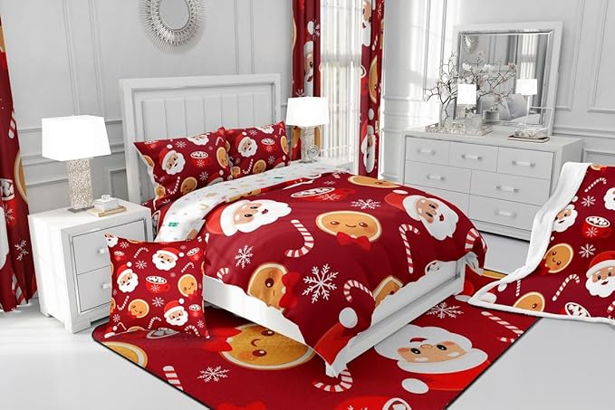 Feelyou Merry Christmas Comforter Set King Size Santa Claus Bedding Set for Kids Boys Girls Gingerbread Man Duvet Quilt Snowflake Bedroom Decor Microfiber 3 Pcs with 2 Pillow Cases