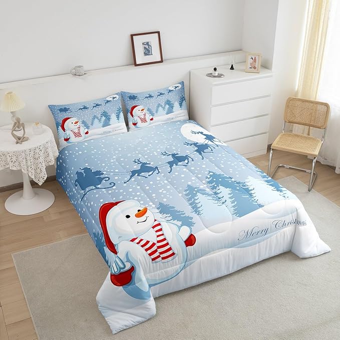 Manfei Snowman Comforter Set King Size, Xmas Deer Trees Print Quilt Set with 2 Pillowcases, Winter Snowflake Merry Christmas Bedding Set 3pcs for Kids Boys Girls Bedroom Decor