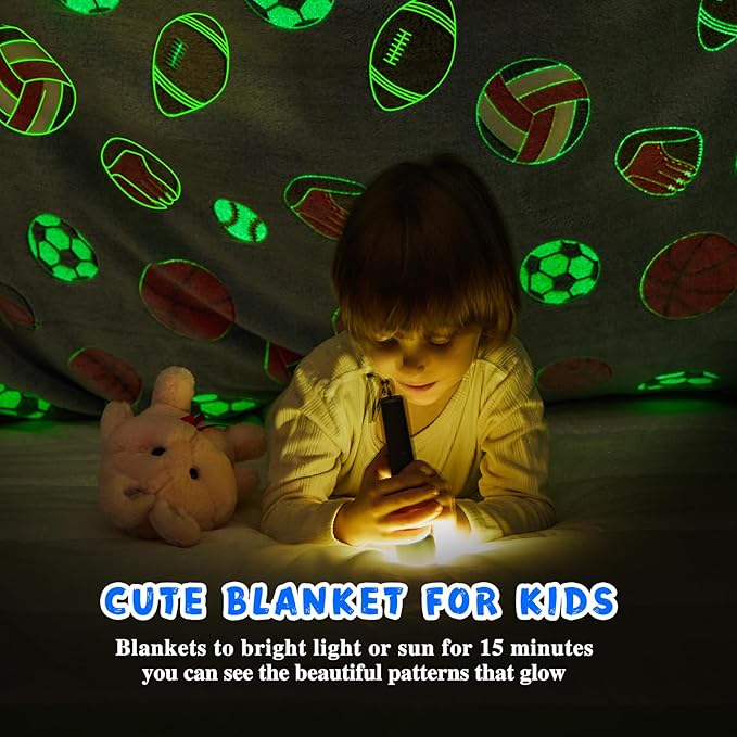 inhand Soccer Glow in The Dark Blanket Football Blanket Soccer Gift Toys for Boys Girls Teen Soft Cozy Kids Throw Blanket Bedroom Decor,Christmas Easter Birthday （Blue 50"x60"）