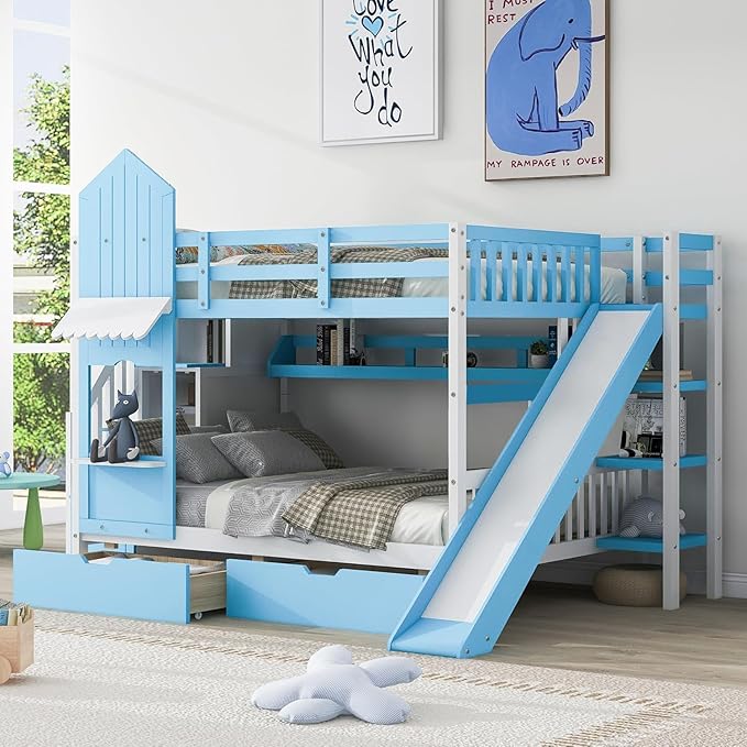 MERITLINE Full Over Full Castle Bunk Bed with Slide,Stairs and Drawers,Solid Wood Floor House Princess Bunk Bed with Storage Shelves (Blue,Full Over Full)