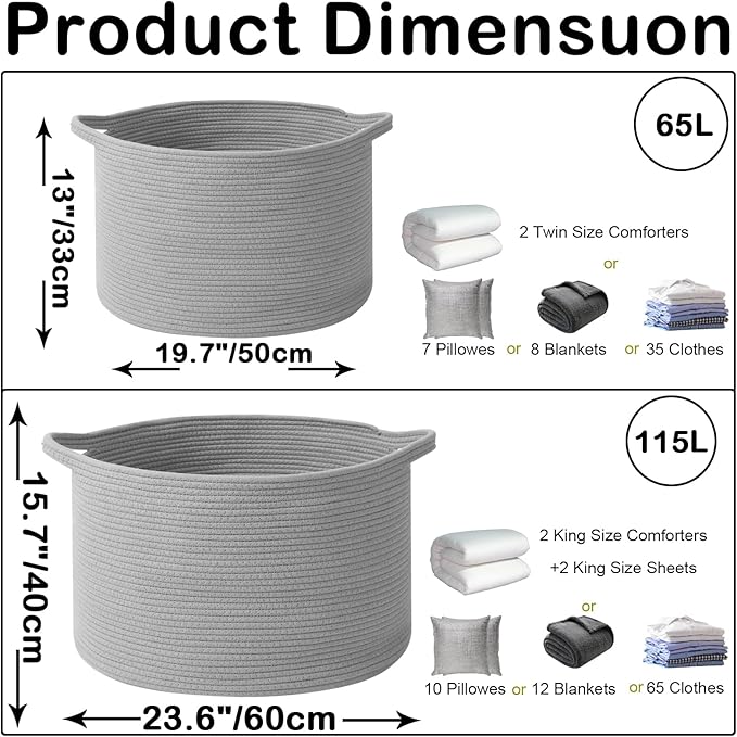 Large Blanket Basket for Organizing,65L Closet Organizers and Storage Bins Box for Shelves Woven Rope Storage Baskets,Living Room,Bedroom,Dorm,Laundry room (Light Grey)
