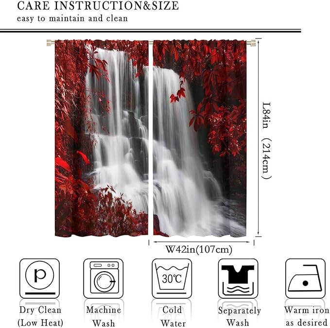 Red Forest Waterfall Blackout Windows Curtains, Waterfall Red Forest Black and Red Natural Landscape Print Window, for Living Room Bedroom 84x84in 2 Panels