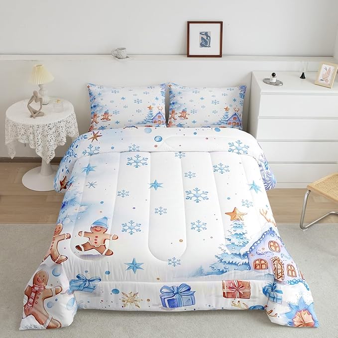 jejeloiu Kids Christmas Theme Comforter Set Full Size Blue Xmas Gingerbread Man Bedding Set for Boys Girls Teens Candy House Snowflake Winter Happy New Year Duvet Quilt Room Decor