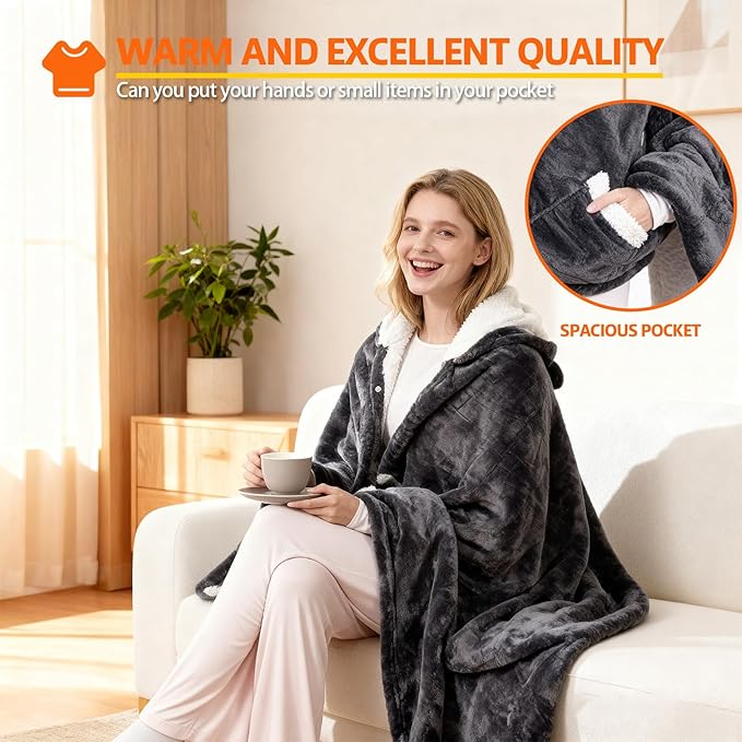 Heated Blanket Wearable Electric Throw, Heated Robe Poncho Blanket Hoodie for Adult, Electric Heated Wrap Poncho Shawl with Pockets, 10 Heating Levels & 8 Hours Time Settings, 40'' X 70''