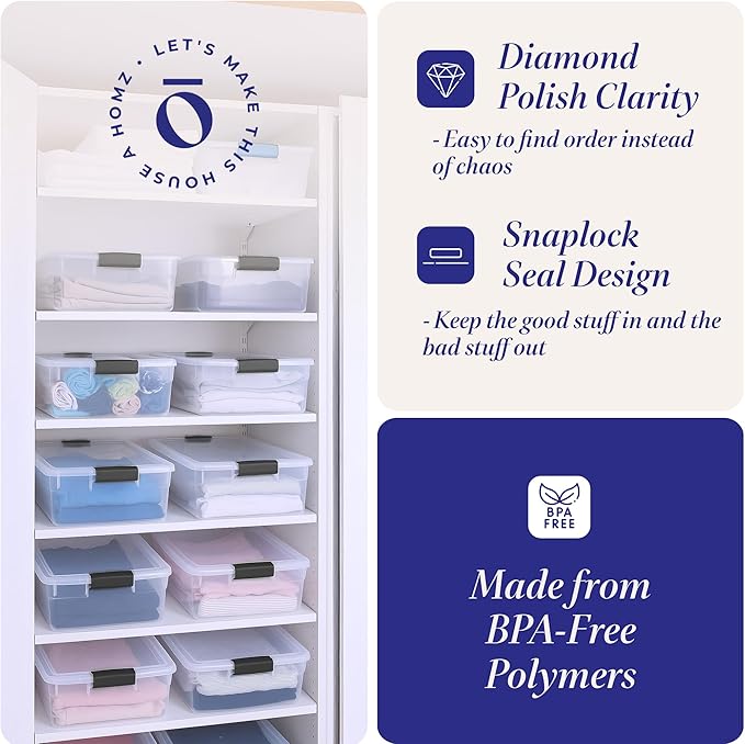 HOMZ 16-Pack Secure Latch, Clear Plastic Storage Organizer Bins, 15.5 Quart, Gray - Stackable Container Boxes for Bedroom, Bathroom, Garage, and Office Organization