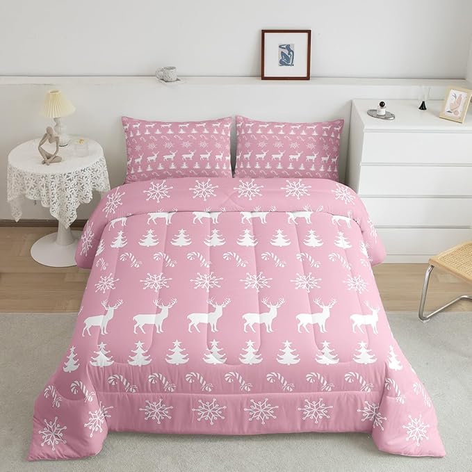 Erosebridal Christmas Queen Bedding Set 7 Piece,Xmas Elk Deer Bed in A Bag,Candy Snowflake Comforter Set Pine Tree Woodland Animals Sheet Set with Comforter,Pink Christmas Decoration
