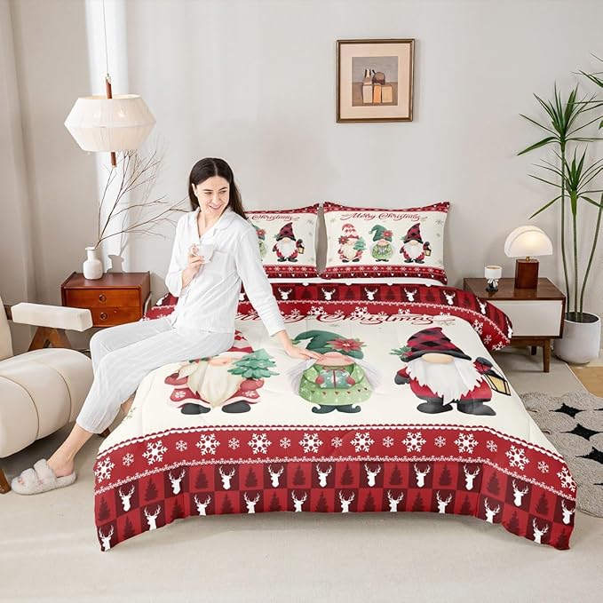 Merry Christmas Kids Comforter Set Full Size,Deer Antler Santa Claus Bedding,Girls Boys Adults Bedroom/Xmas Cabin Decor,Snowflake Pine Trees Plaid Down Comforter,Rustic Duvet Insert,2 Pillowcases