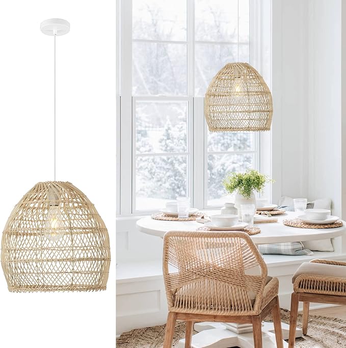 Bamboo Pendant Light Fixture Boho Style 1 Lights Rattan Pendant Lamp Woven Hanging Light for Kitchen Island Nursery in Beige(13.7" W)