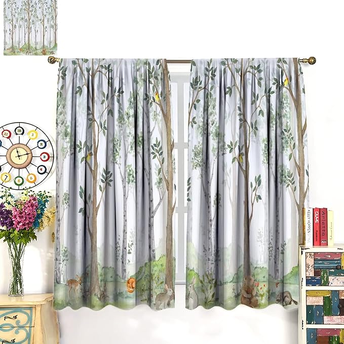 Kids Animal Curtains, Watercolor Natural Forest Animal Hedgehog Fox Butterfly Rabbits Forest Print Curtain Boys and Girl Bedrooms 55x63in