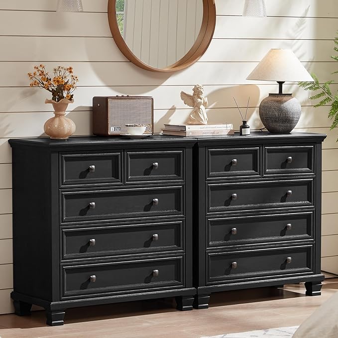 Farmhouse Black Bedroom Sets of 4, Includes 6 Drawer Large Dresser, Vintage Night Stand with 3 Drawers, Small 5 Chest of Drawers, Wood Rustic Dresser & Nightstand Set for Bedroom, Home
