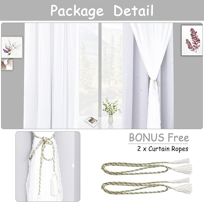 Kinryb Blackout Small Curtains for Girl Living Room/Classroom, Sheer Overlay 2 Free Tiebacks, Double Layer Curtains with Star Cutout for Kids Room(W 52 x L 45 Inches,Greyish White 2 Pcs)