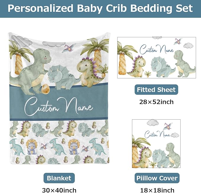 Personalized Baby Crib Bedding Set,3 Piece Custom Name Nursery Set with Blanket, Fitted Sheet & Pillowcase for Baby Girls & Boys, Dinosaur Forest Theme(Fixed Size)