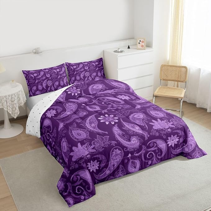 Feelyou Vintage Purple Floral Bedding Set Twin Size, Paisley Floral Comforter Set Boho Floral Comforter for Kids Toddler Paisley Duvet Set Microfiber Bed Set