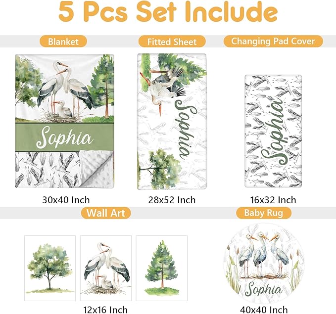 Custom Baby Crib Bedding Set, 5 Pcs Personalized Name Baby Crib Sets for Infant Toddler, Green Crane Nursery Bedding Set for Boy Girl, Double Layer Flannel Baby Bedding Sets Customized Gifts
