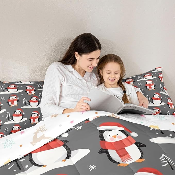 Feelyou Christmas Comforter Set All Season Penguin Bedding Set with 2 Pillow Cases Snowflake Microfiber Kids King Bedclothes Pine Tree Bedroom Decor Duvet Quilt Breathable Soft Lightweight