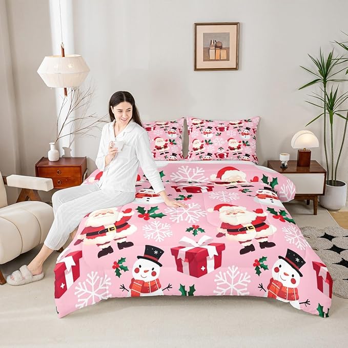 jejeloiu Merry Christmas Comforter Set Full Size Xmas Santa Claus Bedding Set for Kids Boys Girls Cute Snowman Duvet Quilt Pink Bedroom Decor