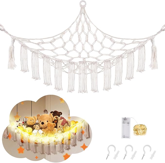 Stuffed Animal Hammock with LED Light, Large Stuffed Animals Storage Corner Plushie Net for Kids Room Decor, White