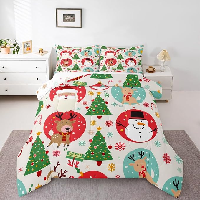 Feelyou Christmas Bedding Set Soft for Boys Girls, Santa Snowman Comforter Set Full Size Deer Xmas Tree Duvet Quilt Microfiber Snowflake Bedroom Decor 3 Pcs with 2 Pillow Cases