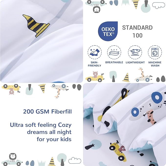 Viviland Animal Car Toddler Comforter Sets, Cute Boys Girls Toddler Bedding Set, Soft Microfiber White Toddler Bed Set