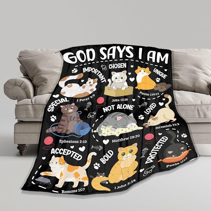 Cat Throw Blanket,Bible Verse Blanket, Christian Gifts, God Says I am Print Blankets, Meaningful Thoughtful Religious Gifts for Girls,Cat Lover Room Bed Decoration, 50"x60"