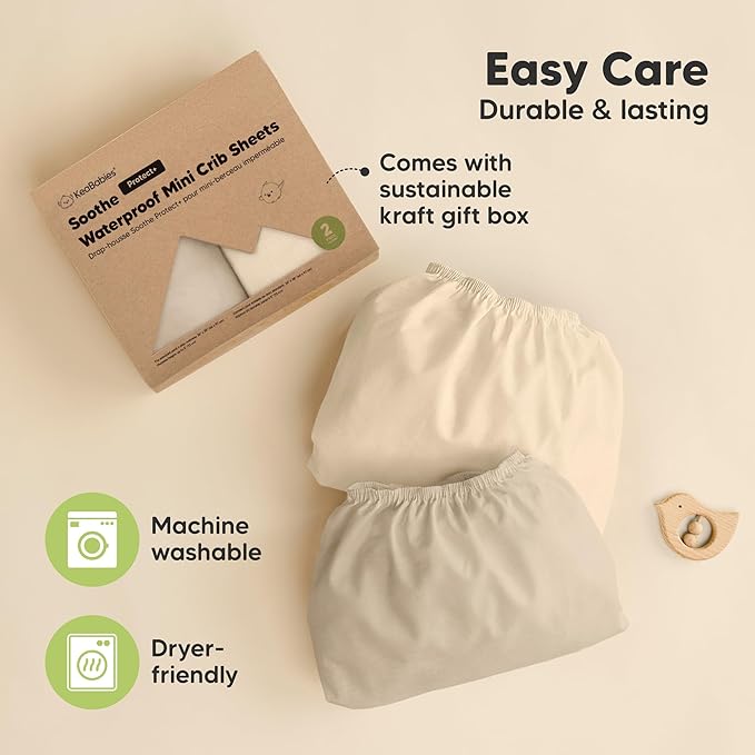 2-Pack Pack and Play Sheets, Waterproof Mini Crib Sheets Fitted - Organic Cotton Pack N Play Sheets for Graco Pack and Play Mattress, Playard Baby Crib Sheets, Neutral for Boy,Girl Toddler (Macadamia)