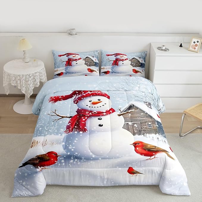 Feelyou Merry Christmas Comforter Set All Season Cute Snowman Bedding Set with 2 Pillow Cases Snowflake Microfiber Kids Queen Bedclothes Winter Bedroom Decor Duvet Quilt Breathable Soft Lightweight