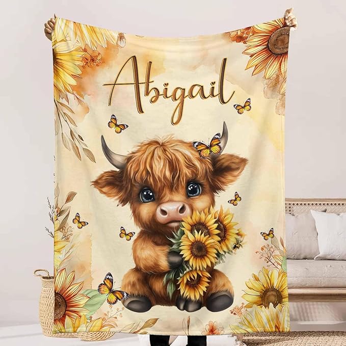 Ship Next Day, Personalized Baby Blanket for Girls Boys on Christmas Birthday, Cute Cows Blankets- Printed in USA, Custom Toddlers Blanket with Name for Baby Shower Kids Teens Toddlers Newborn
