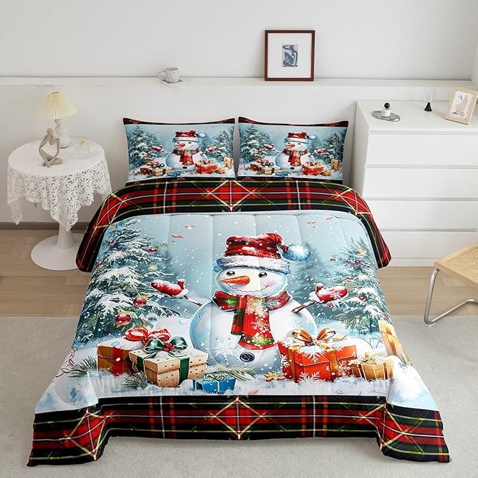 Castle Fairy Xmas Cute Snowman Full Size Comforter Set,Merry Christmas Pine Trees Decor Bedding Comforters Bedroom Collection,Vintage Red Green Checkered Plaid Bedding Set for Girls Teens
