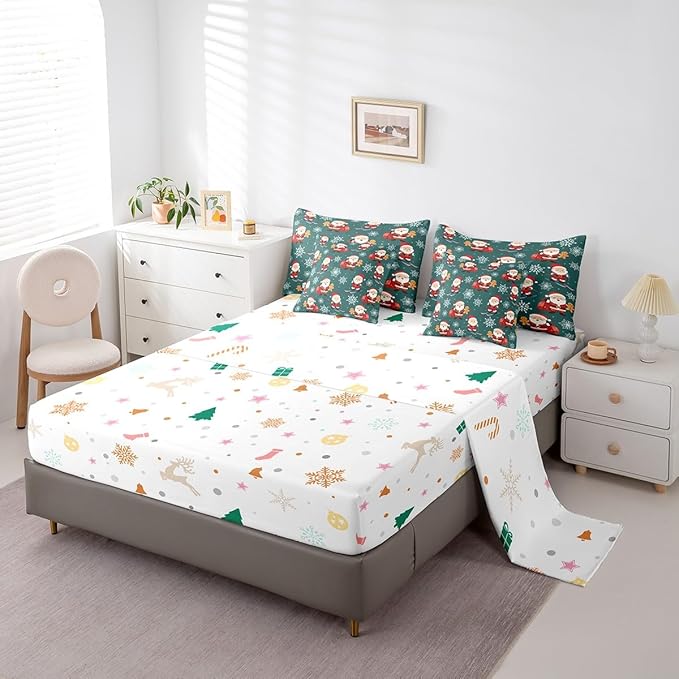 Erosebridal 7Pcs Cartoon Santa Claus Comforter Set King Size,Xmas Gingerbread Bedding Set,Christmas Snowboard Snowflake Bed in A Bag,Cute Christmas Ornaments Quilt with Flat Fitted Sheet