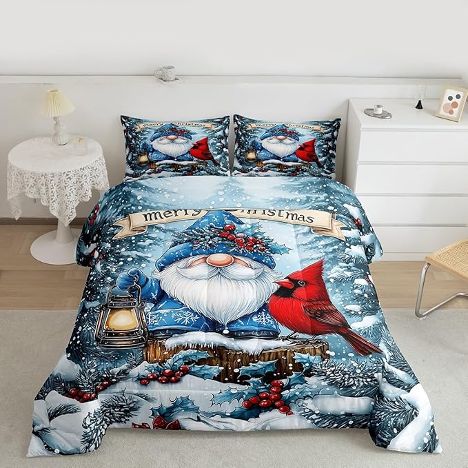 Kawaii Santa Claus Girls Bedding Set Twin Size,Poinsettia Cardinal Christmas Birds Comforter Set,Holly Berry Winter Snowflake Quilt Comforter Girl Boy Teens,Blue Red Room Decor All Season,1 Pillowcase