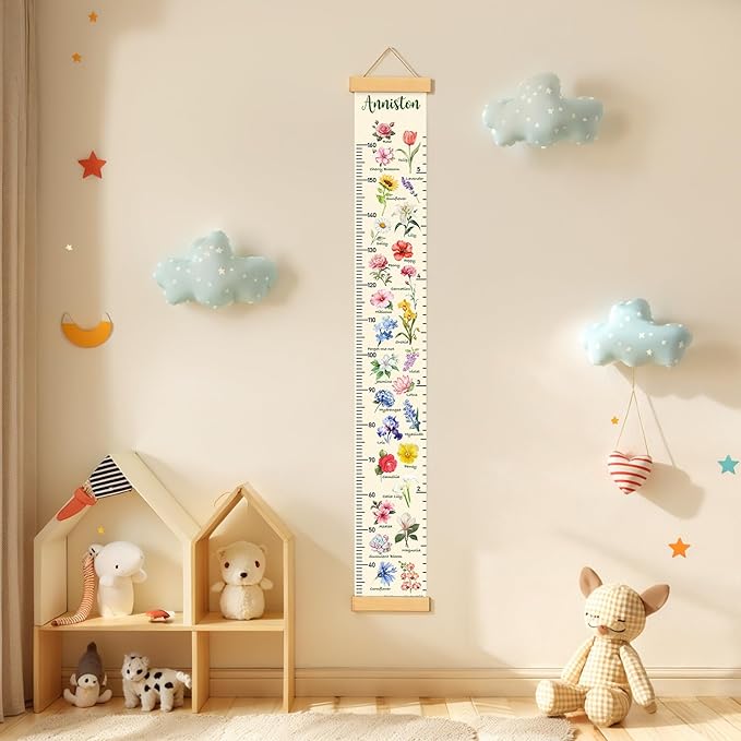 Personalized Name Height Chart for Kids, Kids Growth Chart for Wall, 59" X 7.9" Canvas Removable Height Chart Measuring Ruler for Kids & Baby(Paint Flowers-1）