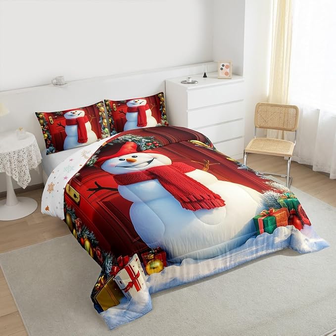 Feelyou Merry Christmas Kids Comforter Set Queen Size Cute Snowman Bedding Set Duvet Quilt for Kids Boys Girls Bedroom Snowflake Decor Microfiber Ultra Soft Breathable