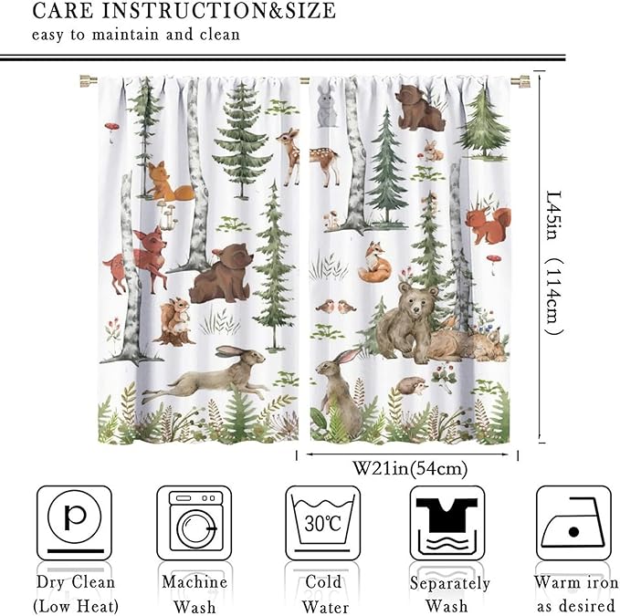 Animal Kids Curtains, Woodland Squirrel Rabbit Bear Animal Friends Forest Curtains for Boys and Girls Bedroom Living Room Kitchen 42x45 Inch