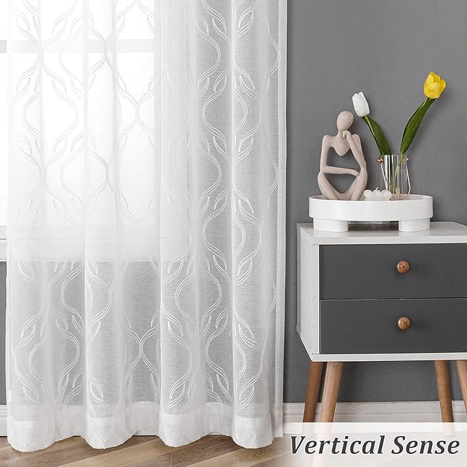 VISIONTEX Sheer Curtains 120 Inches Long 2 Panels Set, White Moroccan Embroidery Texture Geometric Rod Pocket White Voile Tulle Semi Window Treatment Pair for Bedroom, W54 x L120