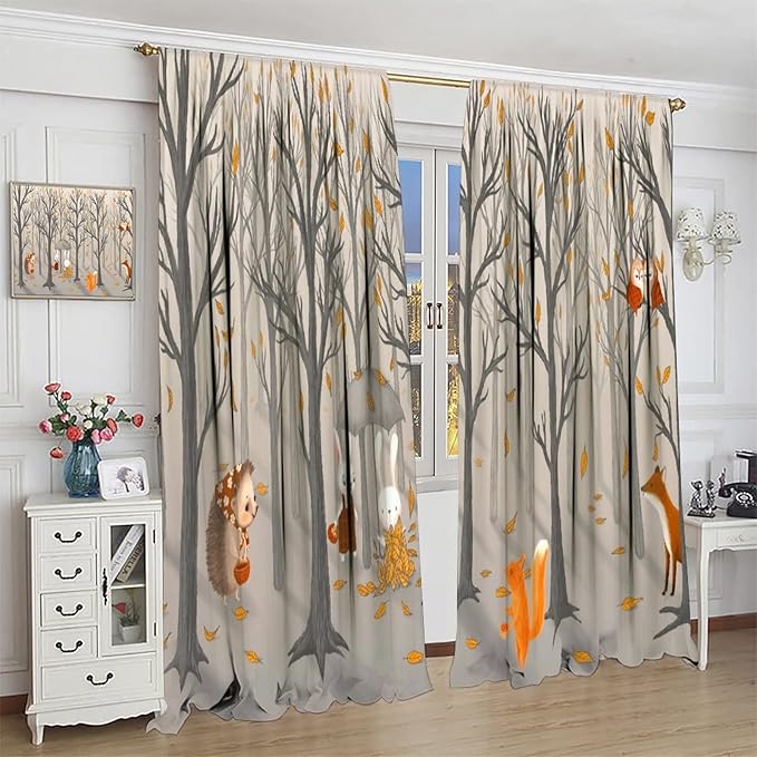 Kids Woodland Animal Window Curtains, Autumn Forest Hedgehog Rabbits Squirrel Fox Birds Blackout Rod Pocket Treatments Drapes for Boys Girls Bedroom 52x84in