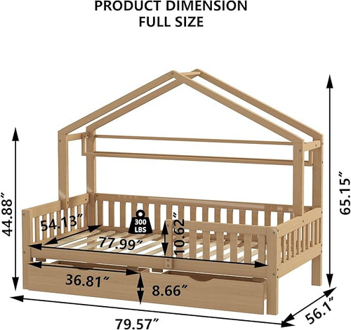 Aoowow Full Size House Bed with Storage Drawers and Shelf, Kids Twin Bed Frame Wooden Platform Bed with Guardrails and Slats for Boys Girls Teens for Bedroom(Natural)